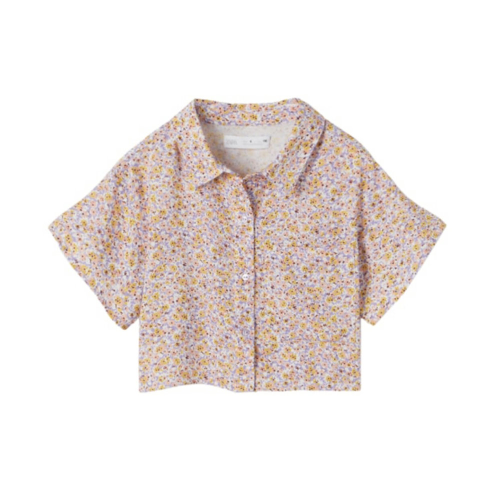 Zara Short Sleeve Crop Button Down Floral Top Purple White Size 11-12 years - Picture 1 of 7
